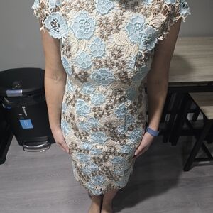 Calvin Klein Blue and Cream Lace Midi Dress